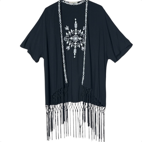 Love Tree Happens Open Tribal/Western Embroidered Kimono w/ Fringe Tassels Large - Picture 13 of 16